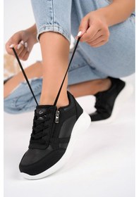 Resim Muggo Asel Garantili Kadın Ortopedik Günlük Bağcıklı Yandan Fermuarlı Rahat Sneaker Spor Ayakkabı Siyah - Beyaz 