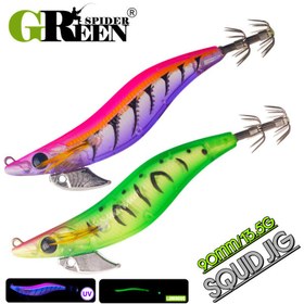 Resim GREENSPIDER Işıltılı Kalamar Yemi - 90mm/13.5g EGI Karanlıkta Parlayan Yapay Deniz Balıkçılığı Yem, 3 Üçlü Kancalı, Gerçekçi Gözler ve Kuyruklu Ahtapot, Mürekkepbalığı için - Çok Renkli (Pembe, Yeşil, Mavi, Mor) Tuzlu Su Avı Yemi, Detaylı Desen, Yüksek Kaliteli Kanca, Profesyonel Balıkçılar İçin 
