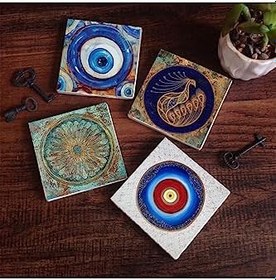 Resim Nazar, Tavus Kuşu, Yaşam Çiçeği Taş Bardak Altlığı Seti - 4 Parça - Dekoratif, Rustik Mutfak Aksesuarı, 10x10 cm, Kaydırmaz Tabanlı, Şık ve Dayanıklı SC388 