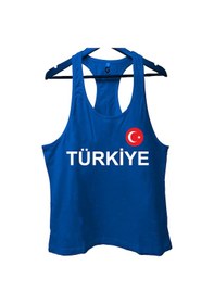 Resim Top Glory Mavi Türkiye Baskılı Gym Fitness Tank Top Sporcu Atleti 