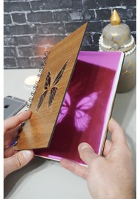 Resim Kelebek Desenli Ahşap Defte Resim Defteri - Günlük - Çizgisiz Defter Ahşap Rengi Ceviz A5 Notebook 