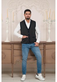 Resim Woolen World Regular Fit Ön Cepli Desenli Kolsuz Erkek Triko Yelek Lacivert 