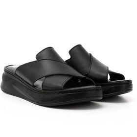 Resim Gönderi(r) Kadın Siyah Çapraz Bantlı Dolgu Topuklu Hakiki Deri Comfort Terlik 