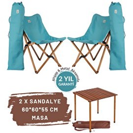 Resim Bag The Joy Kahverengi İskelet Turkuaz Kılıf 60x60x55 CM Kahverengi Masa Ahşap Katlanır Masa Sandalye Seti 