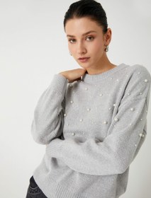 Resim Yumuşak Dokulu Uzun Kollu İnci İşlemeli Oversize Triko Kazak 