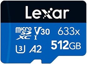Resim Lexar 633x 512 GB Micro SD Kart, microSDXC UHS-I Kart + SD Adaptör, 100MB/s Okumaya kadar microSD Hafıza Kartı, A2, Sınıf 10, U3, V30 (LMS0633512G-BNAAA) 