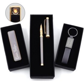 Resim Kişiye Özel Füme Dolma Kalem & Siyah Usb Şarjlı Sürgülü Çakmak & 