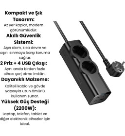 Resim 2 Priz + 4 USB Çıkışlı Akım Korumalı Çoklu Priz | 2200W Güç, Hızlı Şarj Destekli, Kompakt Tasarım 