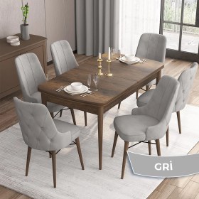 Resim Canisa Concept Iza Serisi, 80 X 132 cm Açılabilir Mdf Masa, Barok Ahşap Desen Mutfak Masa Takımı, 6 Sandalye 