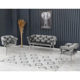 Resim Rozexi Balon Çay Seti Takımı Gri Koltuk Takımı Oturma Odası Kafe Antre Hol Ofis 2+1+1 Krom Metal 