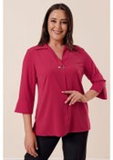 Resim Polo Yaka Broşlu Çeyrek Kol Büyük Beden Bluz Kırmızı-33477 