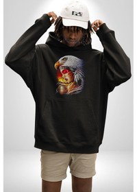 Resim Kartal Kızıl Derili Kadın Erkek Siyah Kapüşonlu Sweatshirt Hoodie Siyah 