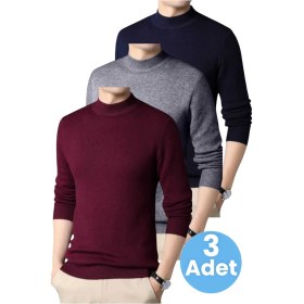 Resim Tezzgelsin 3'lü Erkek Tüylenmeyen Yarım Boğazlı Triko Kazak Yarım Balıkçı Triko Kazak Bordo - Füme - Lacivert 