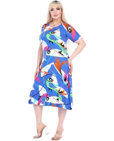 Resim Melsay Butik Mavi Balık Desen Kısa Kollu Büyük Beden Midi Elbise Mavi 