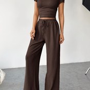 Resim Şık Kadın Günlük Düz Renk Bağcıklı Pantolon Takımı - Esnek Polyester Karışımı, Makinede Yıkanabilir, İlkbahar/Sonbahar İçin Mükemmel 