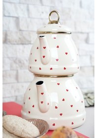 Resim Lady Chef Kalp Desenli Emaye Çaydanlık Takımı 