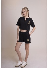 Resim Afloow Delicate Kadın Siyah Crop Tişört - Altın Yıldız Baskılı, Rahat Kesim, Şık Ve Spor Kombinler İçin Siyah 