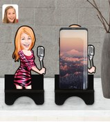 Resim Bk Gift Kişiye Özel Şarkı Söyleyen Kız Karikatürlü Ahşap Biblo Telefon Standı-2 