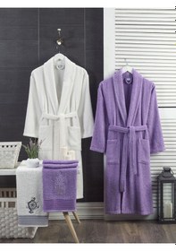 Resim Aile Bornoz Seti Havlulu 4lü Set Krem-lavanta Krem - Lavanta 