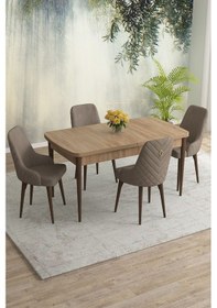 Resim Meri Serisi 80x132 Açılabilir Mdf Meşe Masa Takımı 4 Lacivert Sandalye Kahve Ayak Cappucino 