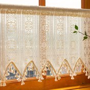 Resim 1 adet Boho tarzı kısa pencere perdeleri, el yapımı tassel desenli - Yarı şeffaf polyester kancalı dantel tasarımı, mutfak, kafe, banyo için mükemmel - Vintage oda dekorasyonu, yarı şeffaf perdeler | Bohemian pencere tedavisi | Dokuma dokulu, oturma odası perdeleri 