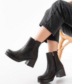 Resim 5109-3057 Lastikli Fermuarlı Kalın Topuklu Günlük Kadın Bot Siyah 