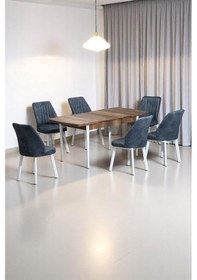 Resim Sera Ceviz 80 X 132 Açılabilen Mdf Masa Beyaz Metal Ayaklı Mutfak Masası 6 Kot Füme Sandalye Füme 