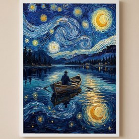 Resim Moonlit Lake Rowboat Print - Van Gogh-Style Night Fishing Cabin Wall Art - Wooden Frame - White / 20 x 28" (50x70 cm) 