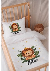 Resim %100 Pamuk Saten Isme Özel Isimli 100x150 Bebek Yatak Nevresim Seti Aslan 1 