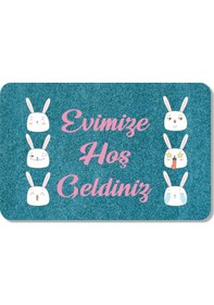 Resim Dijital Baskılı Kapı Önü Paspas Hoşgeldiniz Yazılı Çiçek Desen Ve Tavşan Iç Ve Dış Kapı Yıkanabilir Mavi 