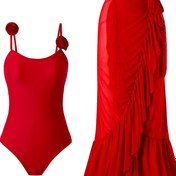 Resim Kadın Retro Zayıflama Düz Renk İki Parça Mayo Seti, Strapless Örgü Kumaş ile Remov Beach Smock 