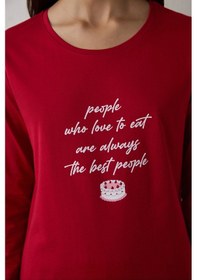 Resim Kırmızı Joyous Time Yılbaşı Temalı Bisiklet Yaka Pamuklu Uzun Kollu Pijama Takımı Rd42 