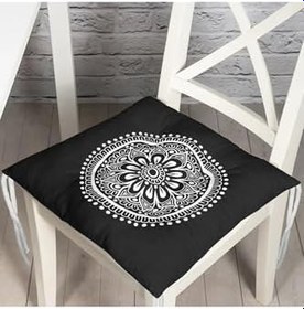 Resim RealHomes Siyah Beyaz Çiçek Desenli Mandala Motifli Pofidik Sandalye Minderi 
