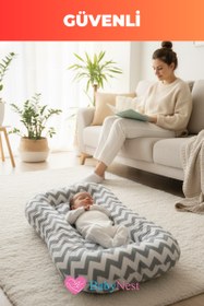 Resim Organik Pamuk Yeni Doğan Baby Nest – Gri Zigzag Desenli – Nefes Alabilen, Anti-Alerjik, Taşınabilir & Beşik İçi Kullanıma Uygun 