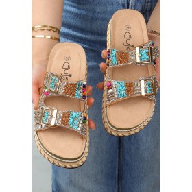 Resim Guja 25Y103 Kadın Mantar Platform Taban Taşlı Çift Toklaı Comfort Terlik Camel 