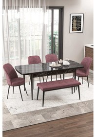 Resim Canisa Zen Serisi 80x132 Mdf Açılabilir Siyah Mermer Desen Masa Takımı 4 Gül Kurusu Sandalye Ve 1 Bench Masa Siyah Mermer Sandalye Bench Gülkurusu 