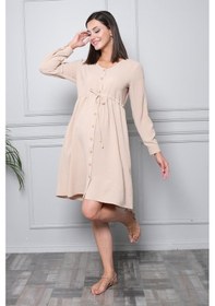 Resim Busa Hamile Önden Düğmeli Ve Bağcıklı Uzun Kollu Viskon Elbise Bej 