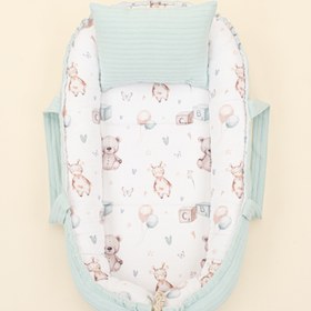 Resim Babynest ve Yastık - Çift Taraflı - Dijital Baskı Muslin - Turkuaz Örgü - Sevimli Ayıcıklar 