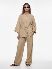 Resim Koton Geniş Uzun Kollu Cepli Beli Bağcıklı Oversize Kimono Ceket 