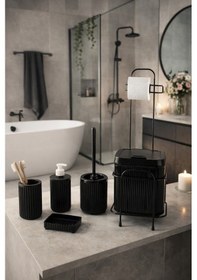 Resim Standlı Siyah Banyo Aksesuar Seti Tuvalet Fırçası, Banyo Kovası, Sabunluk Ve Diş Fırçalık Seti Siyah 