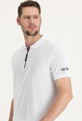 Resim Beyaz Polo Yaka Slim Fit Dar Kesim Fermuarlı Baskılı Pamuk Tişört Kigili