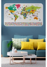 Resim Türkçe Ülke Bayrak Lı Eğitici Başkent Detaylı Atlası Dünya Haritası Duvar Sticker -60x105-3860 Renkli 