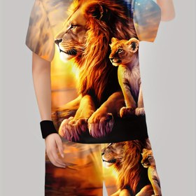 Resim Erkek Çocuklar İçin 3D Aslan Baskılı Günlük Kıyafet - Canlı Kısa Kollu Tişört & Şort Takımı, Polyester, Makinede Yıkanabilir, Yaz İçin Mükemmel, Oynak Gençler Kıyafeti|Günlük Süv 