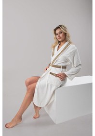 Resim Güvenal Valentis Desenli İşlemeli Kutulu Kadın Erkek Pamuk Bornoz Sabahlık Bornoz Seti Çeyiz Hediyelik 2 Kahverengi 