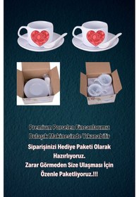 Resim Sevgililer Günü Kalpli Baskılı 2 Li Set Kaşıklı Porselen Çay Kahve Fincan Seti-3 Beyaz 