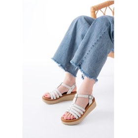 Resim 730-142 Beyaz Hakiki Deri Ortopedik Taban Kadın Sandalet Altın - Taba 