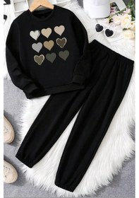 Resim Unisex Kalp Baskılı Bisiklet Yaka Eşofman Takımı Siyah 