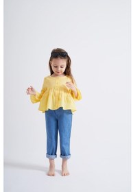 Resim Oliventhekid Sarı Vual Önden Düğmeli Robadan Büzgülü Kol Ucu Fırfırlı Kız Çocuk Gömlek Sarı Sarı 