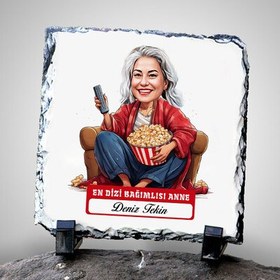 Resim Dizi Bağımlısı Anne Karikatürlü Taş Baskı 