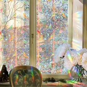Resim Art Deco Statik Streç Cam Filmi, PVC Malzeme, 10mil Kalınlık, Gökkuşağı Kuşları ve Yeşil Yapraklar Desenli, Çift Taraflı Renkli Cam Çıkartma, Tutkal Gerekmez 